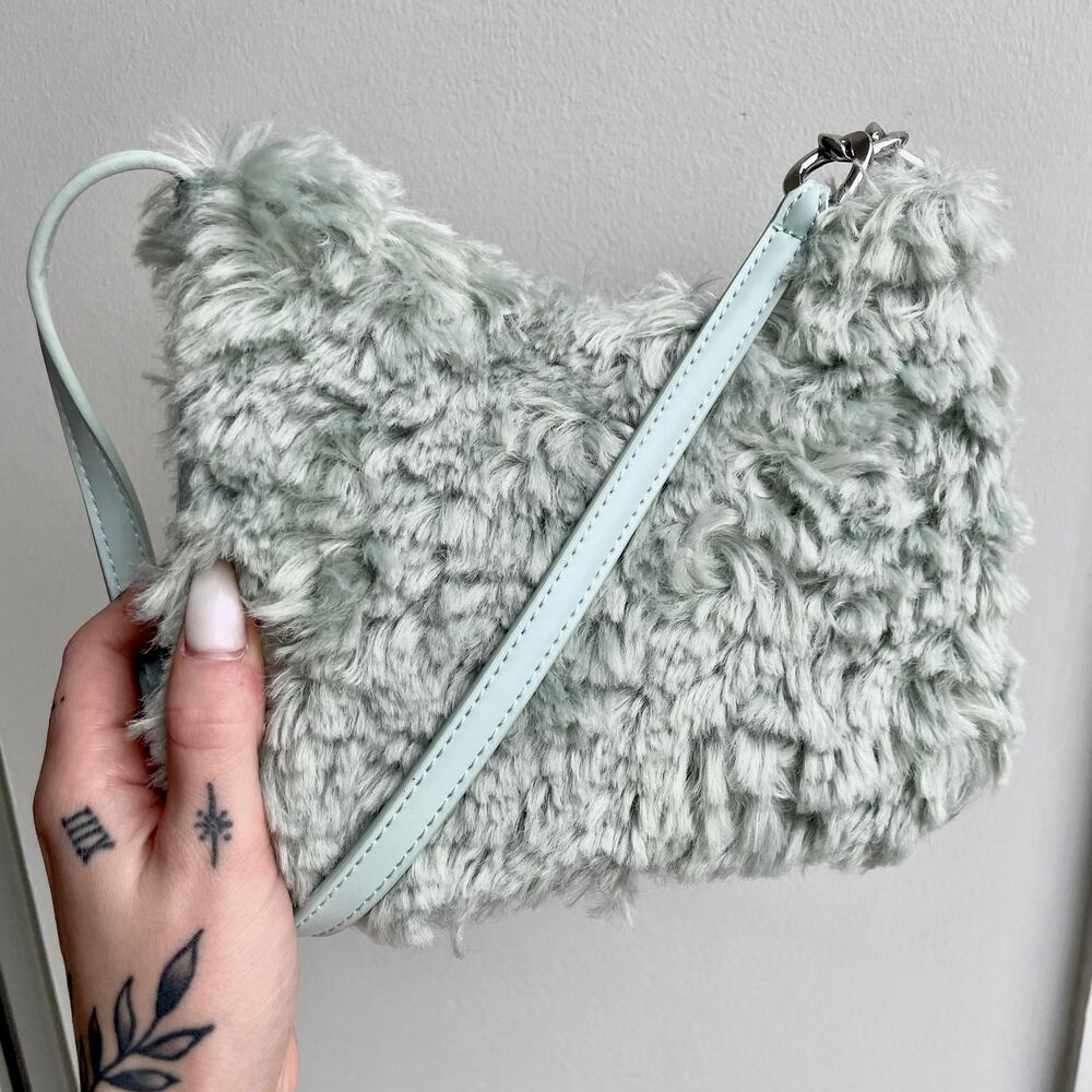 NEW ASOS Faux Fur Shoulder Bag w/ Chain Link Strap Mint Green Baby Blue Purse